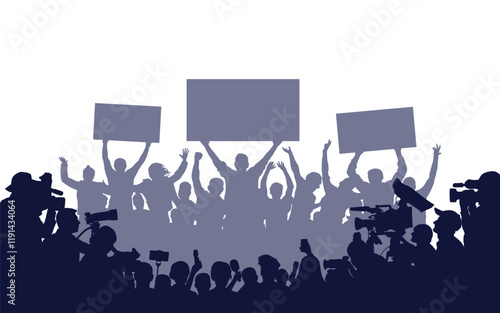 Silhouette of crowd people with banners and reporters with video cameras and microphones. Vector illustration