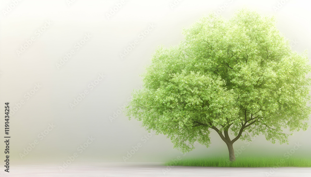 Obraz premium Serene spring tree in misty field; nature, peace, renewal; website banner, eco-design
