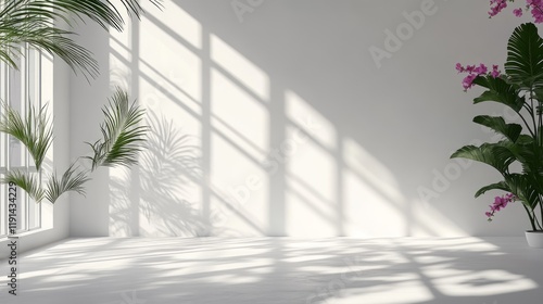 Sunlit minimalist room, plants, shadows, interior design, home decor