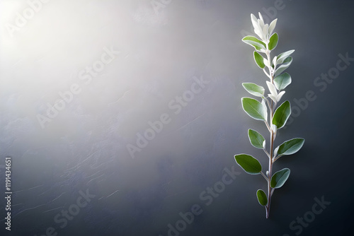 Silver leaf sprig on dark background, illuminated, minimalist design, for wellness or beauty product photo