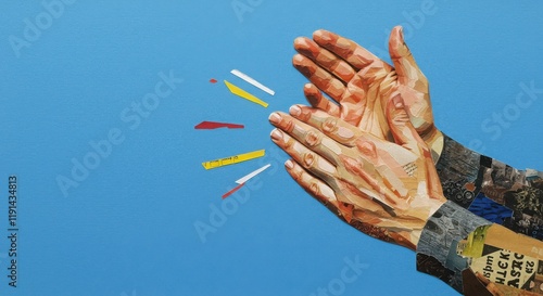 Colorful collage artwork of caucasian adult male hands clapping with blue background