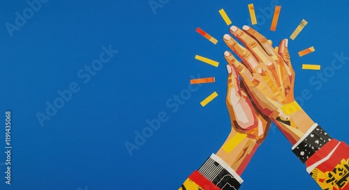 Vibrant collage of hands applauding on blue background