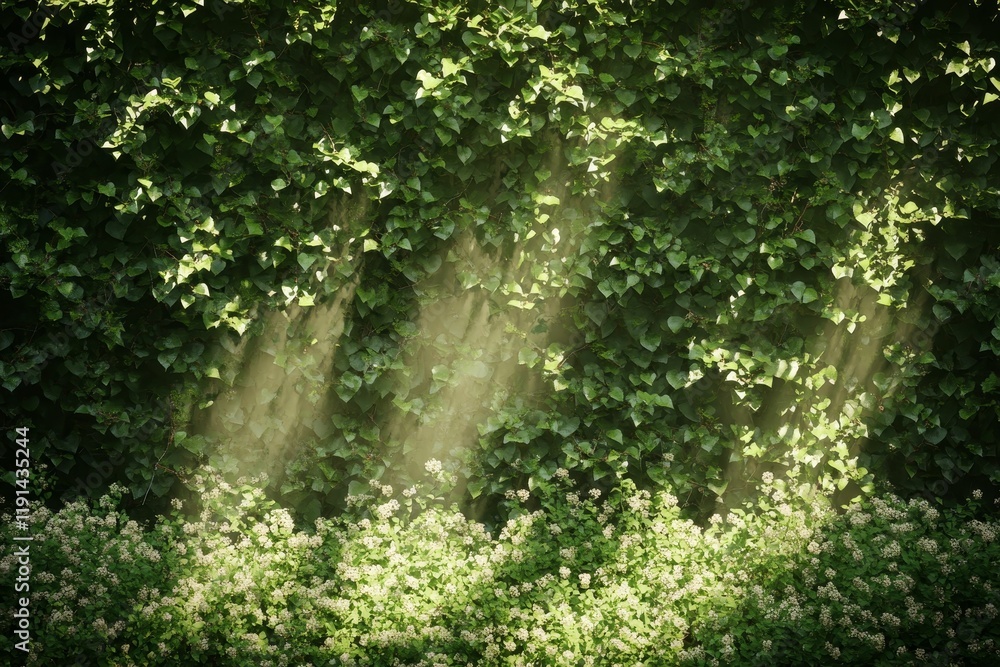 Obraz premium Sunlit green foliage, blooming white flowers below.