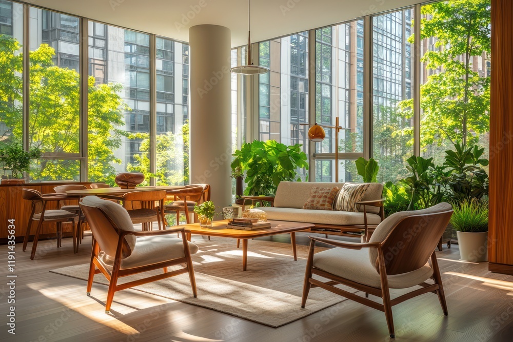Mid-century modern living room with iconic furniture, warm wood tones, and floor-to-ceiling windows showcasing outdoor greenery Mid-century modern living room with iconic furniture, warm wood tones, and floor-to-ceiling windows showcasing outdoor greenery