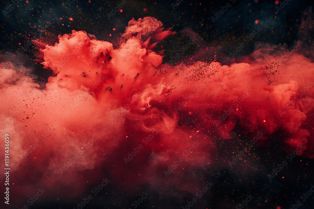 Dramatic Red Explosion with Smoke Clouds and Dust Particles, Abstract Art Scene with Fiery Burst and Intense Color Dramatic Red Explosion with Smoke Clouds and Dust Particles, Abstract Art Scene with Fiery Burst and Intense Color