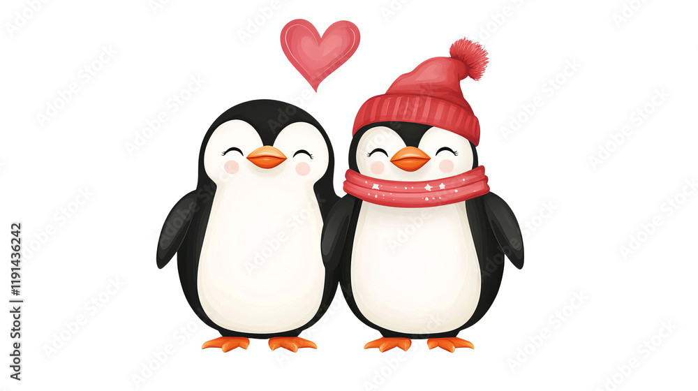 Naklejka premium Cute penguins in love, wearing red hat and scarf, with heart above
