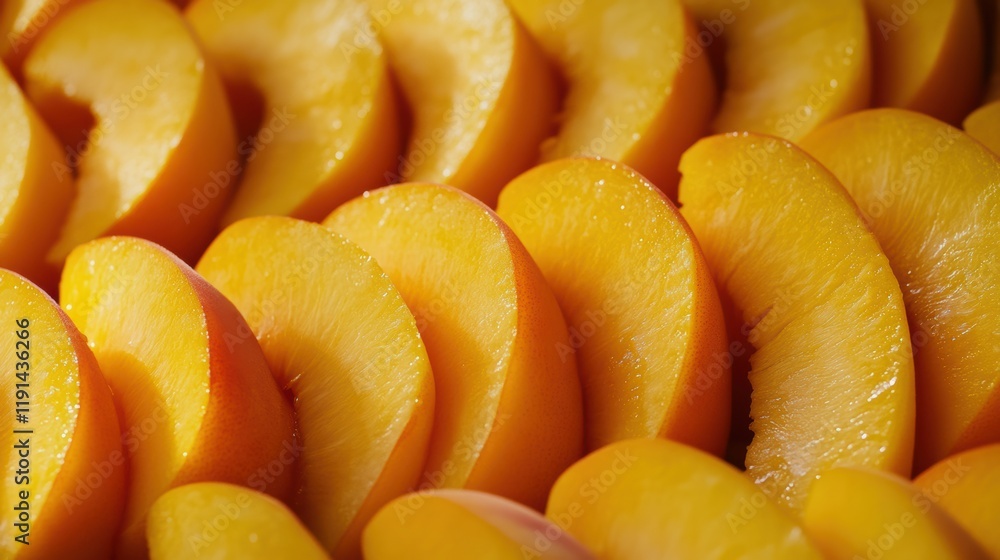 Fresh peach slices pattern with workers in carts closeup Fresh peach slices pattern with workers in carts closeup