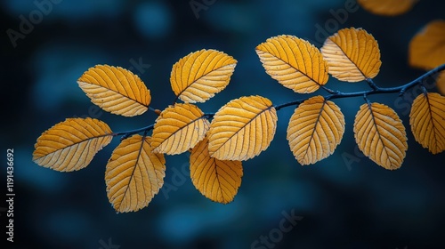 Golden Autumn Leaves on a Branch Against a Dark Background