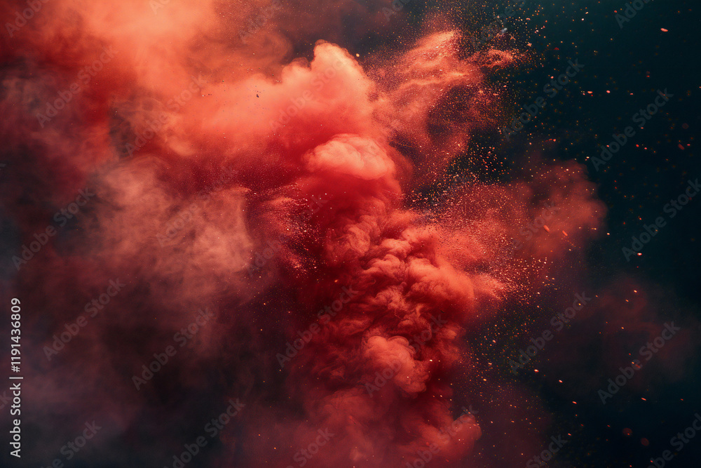 Dramatic Red Explosion with Smoke Clouds and Dust Particles, Abstract Art Scene with Fiery Burst and Intense Color Dramatic Red Explosion with Smoke Clouds and Dust Particles, Abstract Art Scene with Fiery Burst and Intense Color