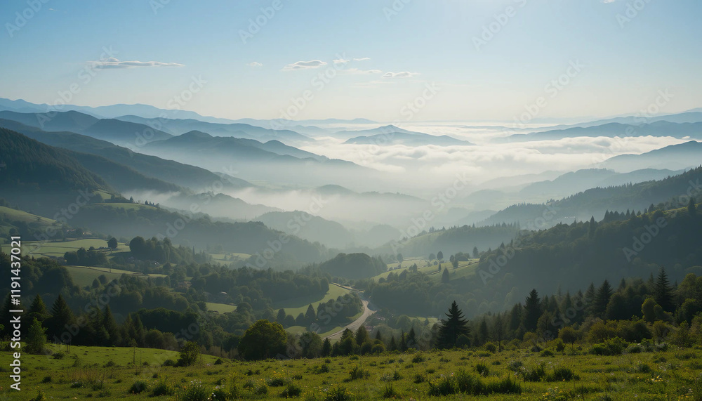 Fototapeta premium Early morning fog is slowly rising. Creating a breathtaking view of the valley nestled between rolling hills covered in lush green vegetation and coniferous forests. Illuminated by the soft sunlight.
