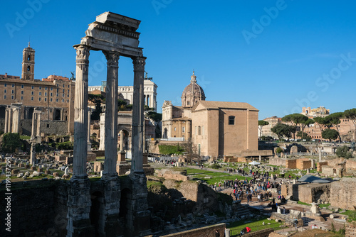 Canvas Print Ancient Roman Forum and Palatine Hill with Colosseum Nearby, Iconic UNESCO Herit