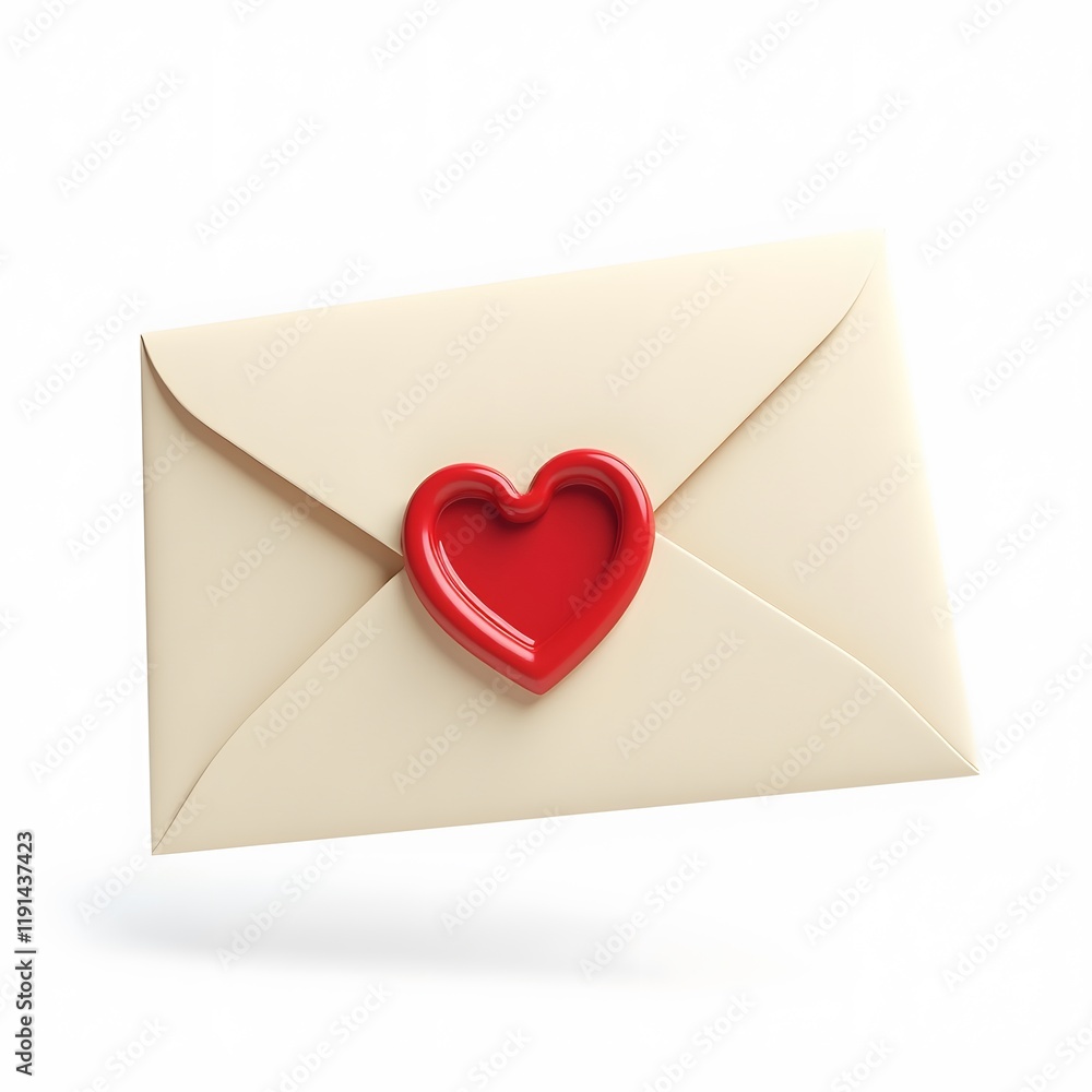 3D-rendered love letter envelope with a red wax seal in the shape of a heart