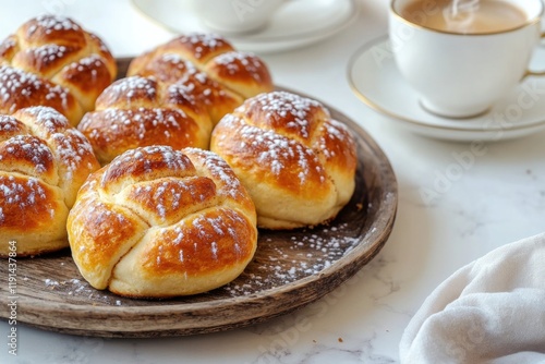 Wallpaper Mural Freshly baked rolls glisten with sugar, accompanied by warm coff Torontodigital.ca