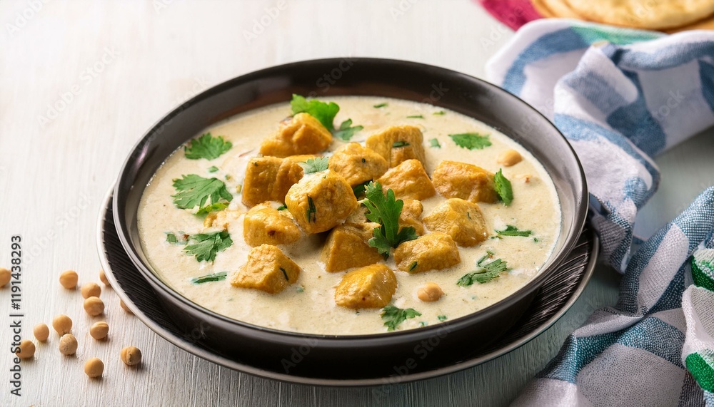 Generated image vegetarian soya malai chap made using soya chaap with white creamy gravy Generated image vegetarian soya malai chap made using soya chaap with white creamy gravy