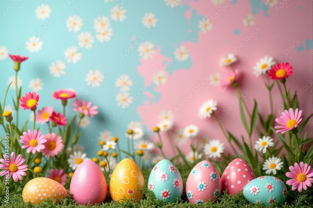 Realistic Easter Composition with Eggs and flowers on pink background Realistic Easter Composition with Eggs and flowers on pink background