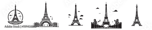 vector set of eiffel tower silhouette icons