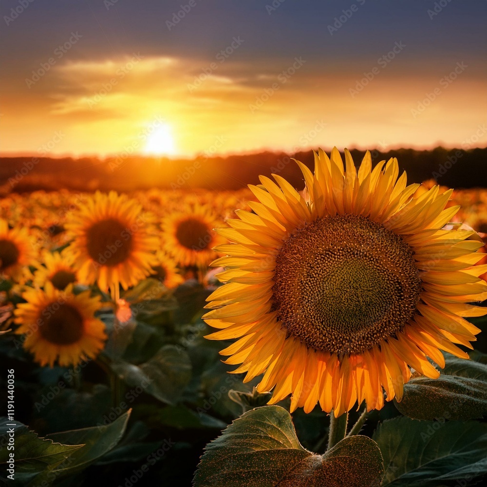 Fototapeta premium Generated image Vibrant sunflower field glowing in the sunset light during summer