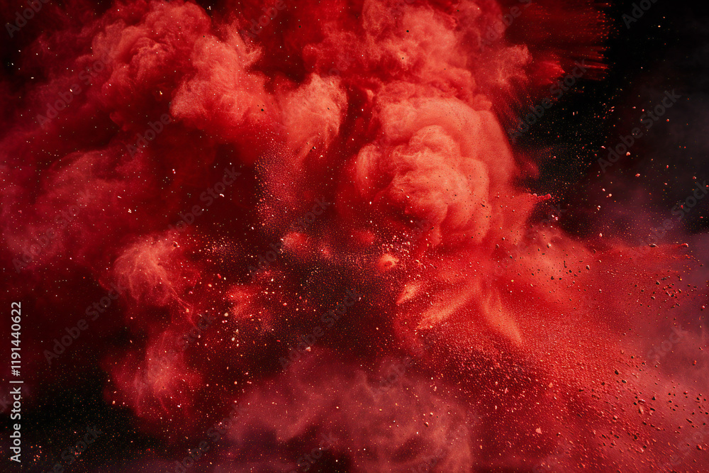 Dramatic Red Explosion with Smoke Clouds and Dust Particles, Abstract Art Scene with Fiery Burst and Intense Color Dramatic Red Explosion with Smoke Clouds and Dust Particles, Abstract Art Scene with Fiery Burst and Intense Color