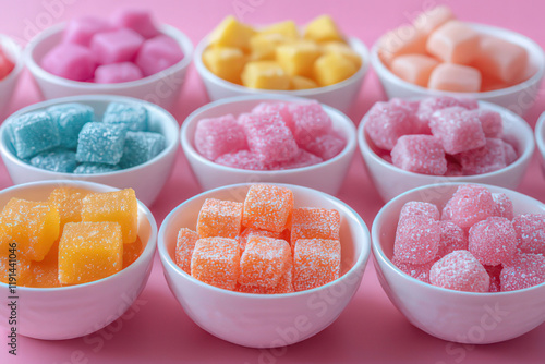 Close-up of colorful square candies with sugary texture.