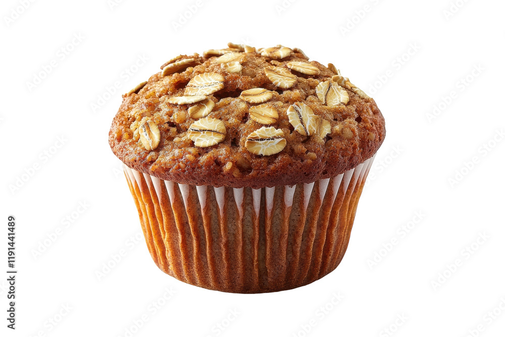 Freshly baked oatmeal muffin topped with rolled oats in a cozy kitchen setting Freshly baked oatmeal muffin topped with rolled oats in a cozy kitchen setting
