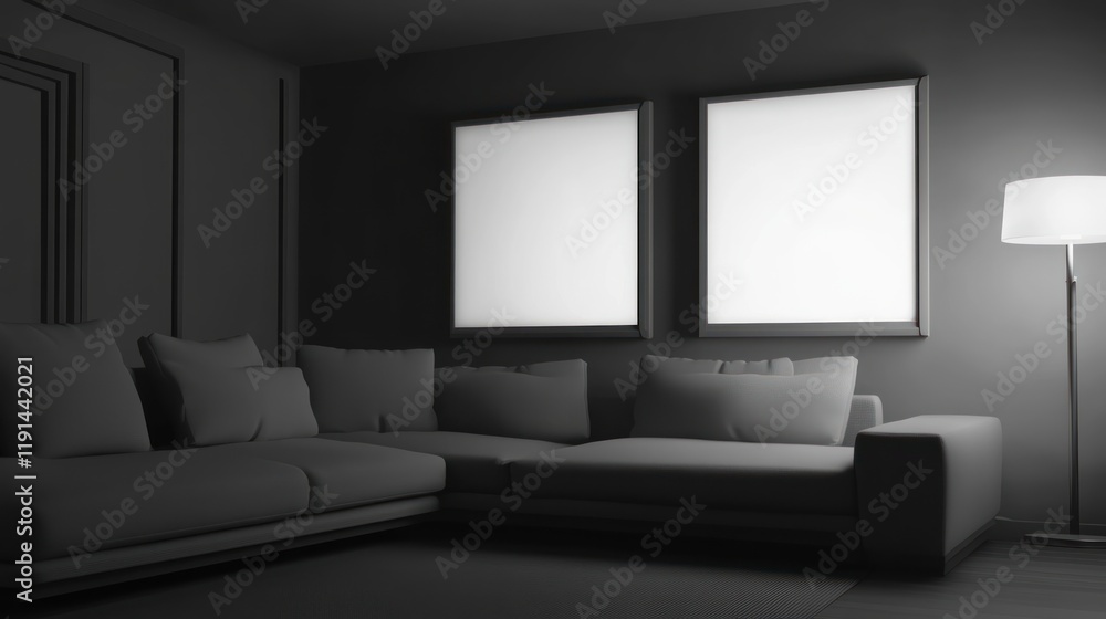 Fototapeta premium Dark room, sofa, blank frames, mockup, interior design