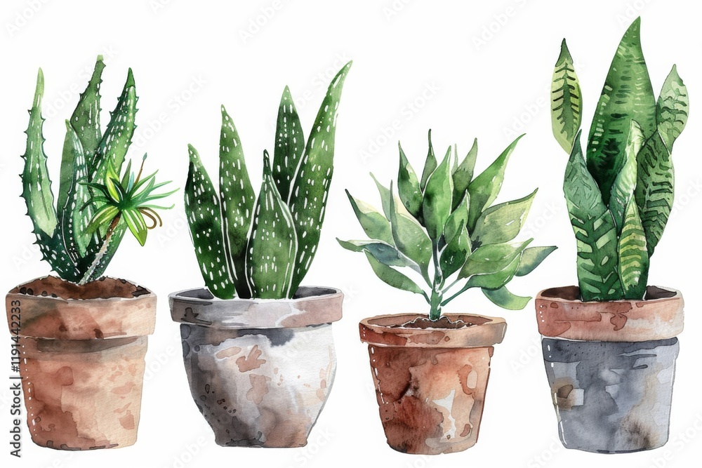 Obraz premium Set of Watercolor house plants in pots clipart illustration, botanical isolated on white background