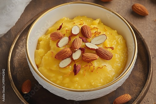 Traditional Badam Halwa Garnished with Almonds and Saffron, Styled on a Rustic Brass Plate photo