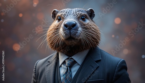 A digitally created image of a beaver wearing a business suit and tie, looking directly at the camera with a serious expression. photo