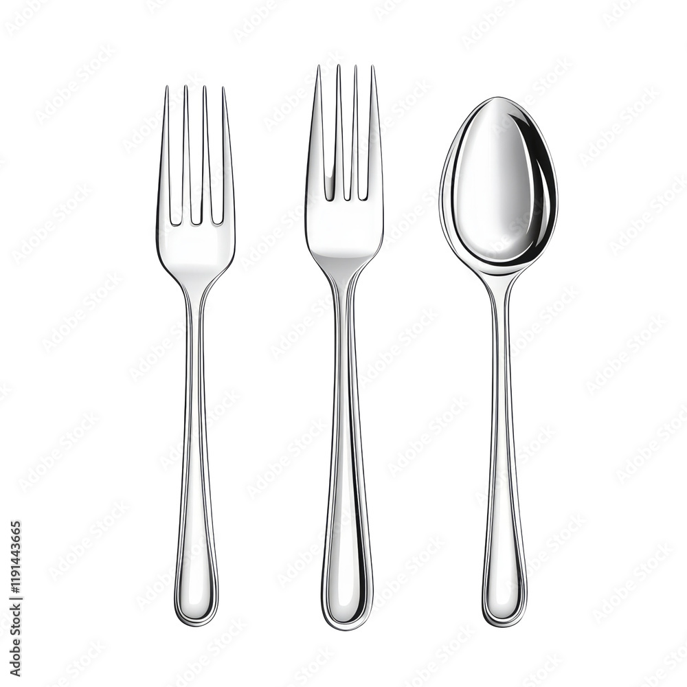 Three Silver Utensils Forks and Spoon Isolated on Transparent Background Three Silver Utensils Forks and Spoon Isolated on Transparent Background