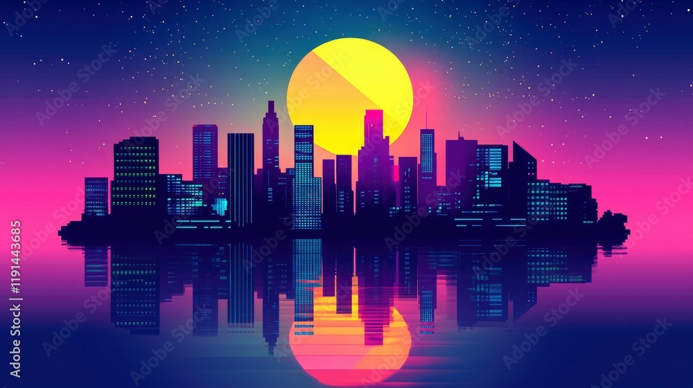 Fototapeta premium City Skyline Reflected In Water Under A Large Moon