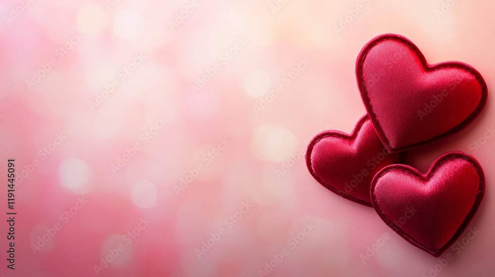 Three Red Velvet Hearts on Pink Bokeh Background Three Red Velvet Hearts on Pink Bokeh Background