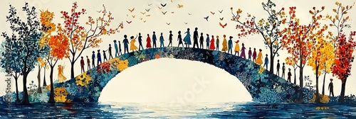 Bridge made of cultural symbols spanning across a river where people from all over the world walk together celebrating the harmony of diversity