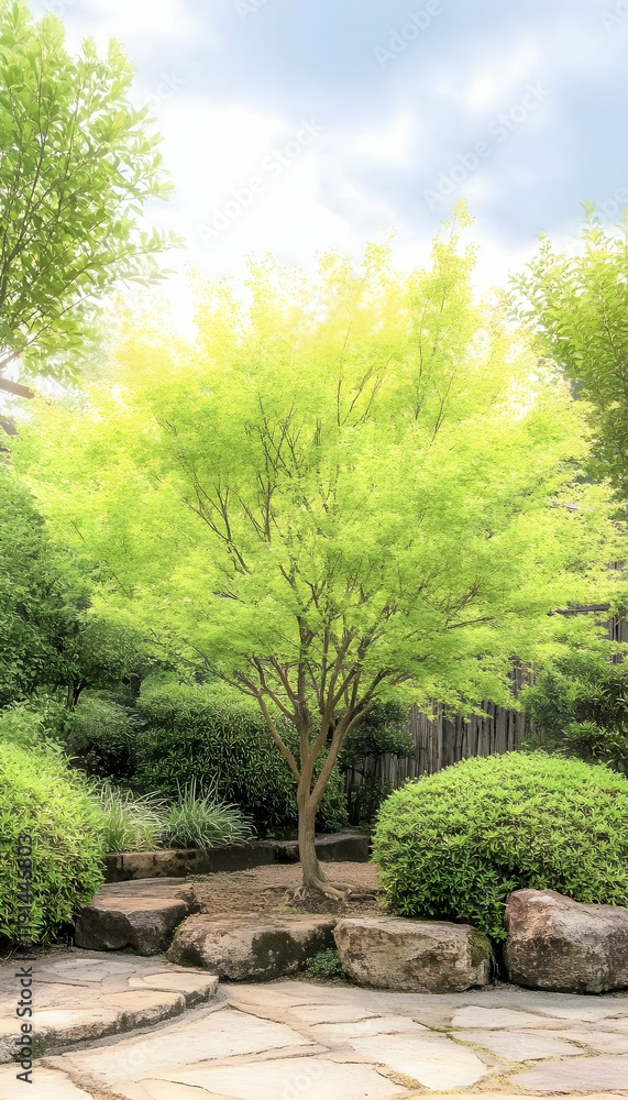 Vibrant yellow tree in a serene Japanese garden, surrounded by rocks and shrubs, under a cloudy sky. Ideal for tranquility and nature themes Vibrant yellow tree in a serene Japanese garden, surrounded by rocks and shrubs, under a cloudy sky. Ideal for tranquility and nature themes