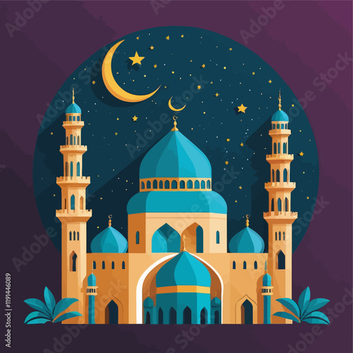 Ramadan month, Islamic Mosque Moon Silhouettes design of Eid al-Fitr Background, Starry Galaxy sky Night, Crescent Moon on Mosque Dome.