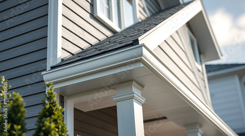 Modern House Exterior: Grey Siding, White Trim & Stylish Design photo