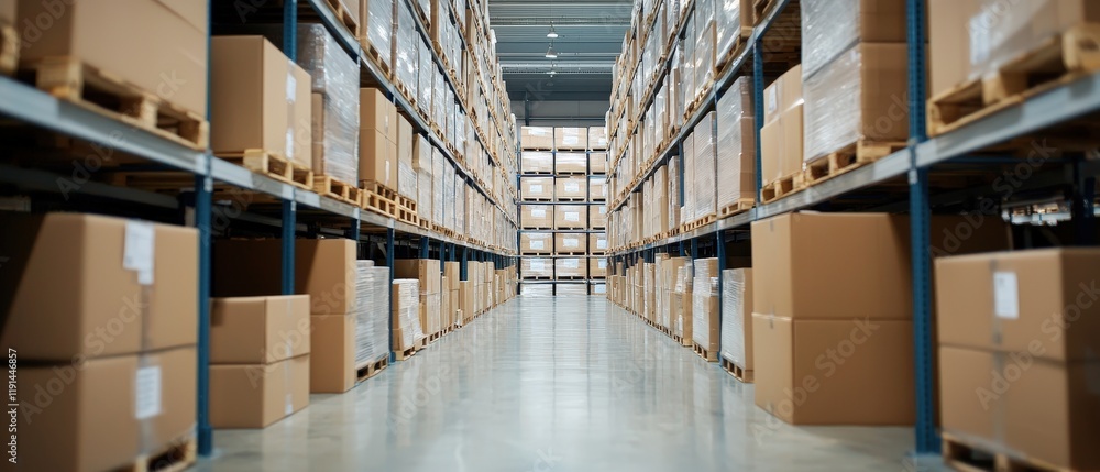 Aisle View of Organized Warehouse Shelving with Cardboard Boxes on Pallets Ready for Storage and Distribution Aisle View of Organized Warehouse Shelving with Cardboard Boxes on Pallets Ready for Storage and Distribution