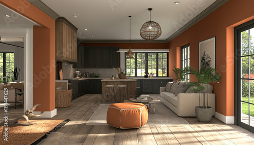 minimalist luxury interior with benjamin moore cinnamon slate color, with references from Pantone 2025 Mocha Mousse Color.