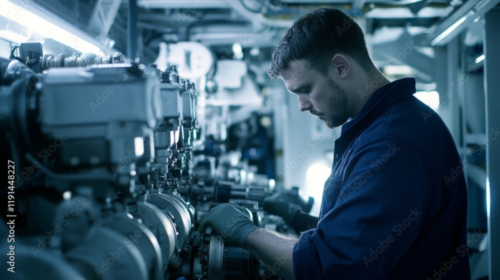 A close-up of a ship engineer inspecting engine components on a cargo ship, with engine room machinery and maritime equipment visible, Cargo ship engine room scene A close-up of a ship engineer inspecting engine components on a cargo ship, with engine room machinery and maritime equipment visible, Cargo ship engine room scene