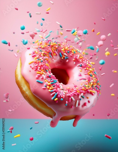 Generated image Creative food template. Pink frosting donut doughnut floating flying