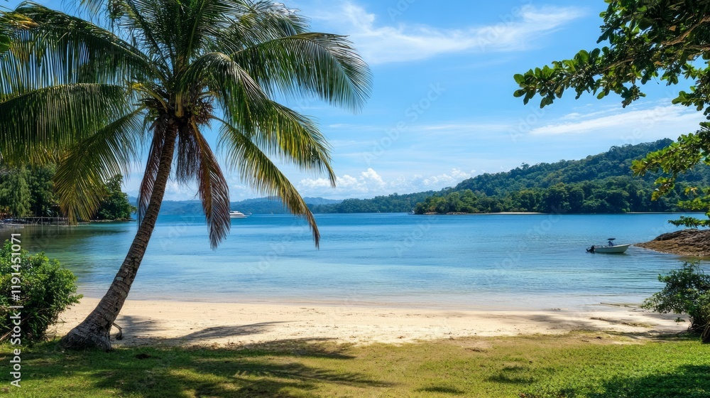 Fototapeta premium Tropical beach paradise, calm bay, palm trees, boat. Ideal for travel brochures