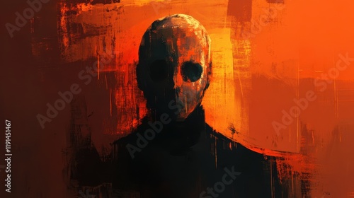 Abstract Painting Of A Faceless Figure In Orange And Black Hues