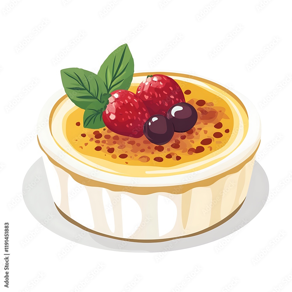 A minimalist flat illustration of a French-style crème brûlée, featuring vibrant colors and a clean, white background, highlighting the dessert's classic appeal in a modern, artistic style.