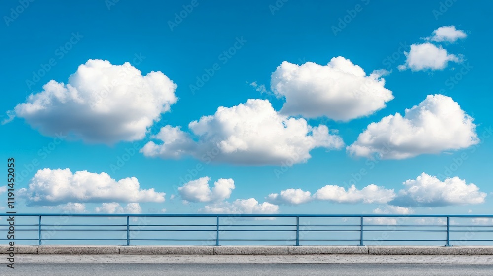 Skyline Serenity: Fluffy cumulus clouds drift across a vibrant blue sky, framed by a simple metal railing and a roadway, creating a tranquil and serene landscape. Skyline Serenity: Fluffy cumulus clouds drift across a vibrant blue sky, framed by a simple metal railing and a roadway, creating a tranquil and serene landscape.