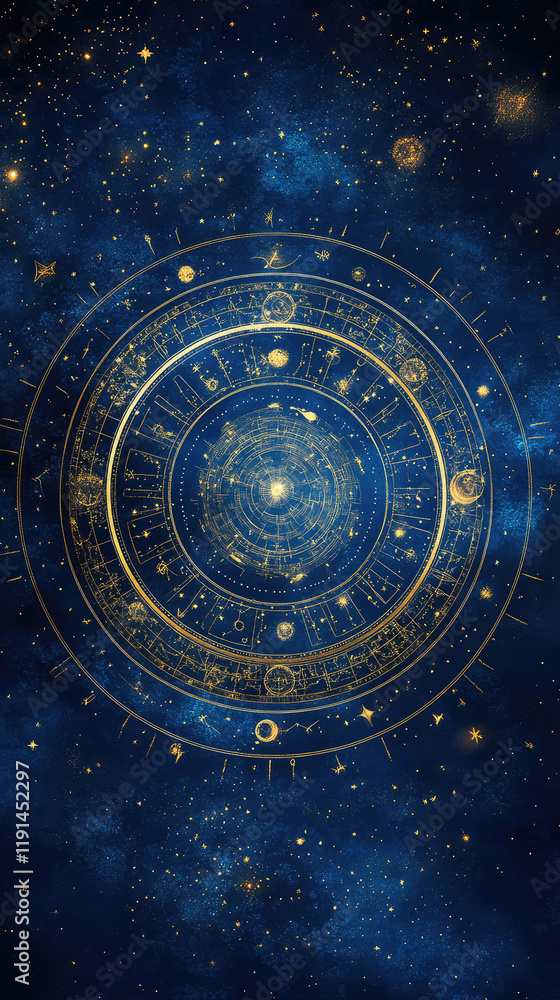 zodiac sign against horoscope wheel. Astrology calendar. Esoteric horoscope and fortune telling concept