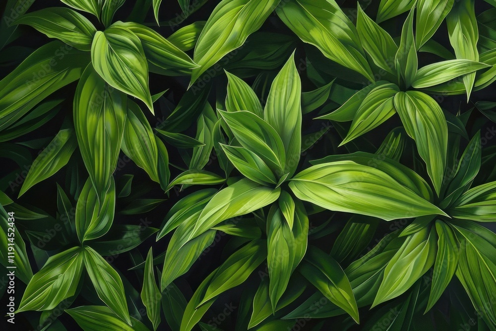 Close up of vibrant green leaves creating a lush, natural background, evoking the dense foliage of a tropical rainforest Close up of vibrant green leaves creating a lush, natural background, evoking the dense foliage of a tropical rainforest