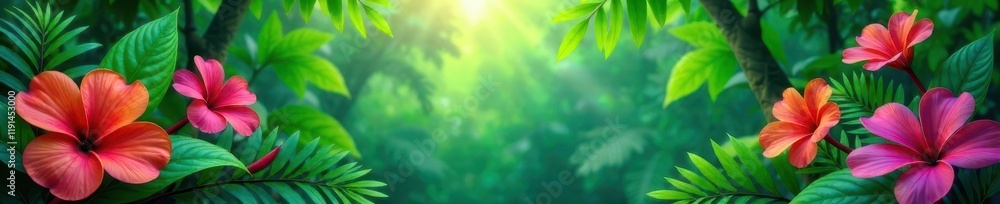 Vibrant jungle setting; lush leaves, vibrant flowers , jungle, wilderness