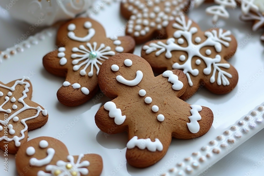 Delicious gingerbread men cookies decorated with icing lie on white serving plate, bringing festive cheer to christmas celebrations Delicious gingerbread men cookies decorated with icing lie on white serving plate, bringing festive cheer to christmas celebrations