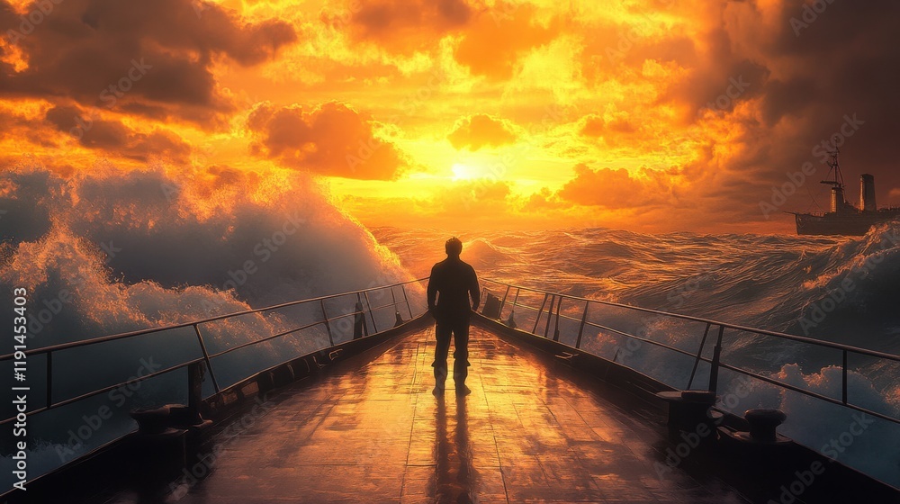 Man Stands Alone On Ship Deck Facing Sunset Waves Man Stands Alone On Ship Deck Facing Sunset Waves