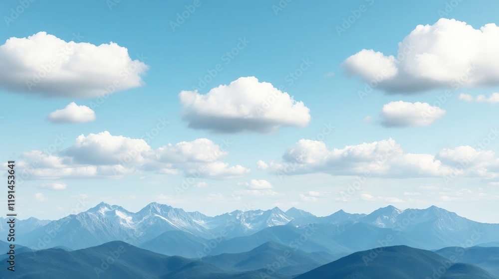 Serene Mountain Vista: A breathtaking panoramic view of majestic snow-capped mountains stretching to the horizon under a sky scattered with fluffy cumulus clouds. The scene evokes a sense of peace. Serene Mountain Vista: A breathtaking panoramic view of majestic snow-capped mountains stretching to the horizon under a sky scattered with fluffy cumulus clouds. The scene evokes a sense of peace.