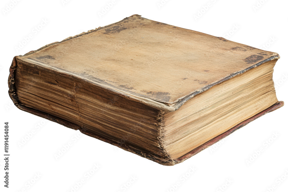 Old, worn book with faded cover lying on a surface, showcasing its rustic charm and history Old, worn book with faded cover lying on a surface, showcasing its rustic charm and history